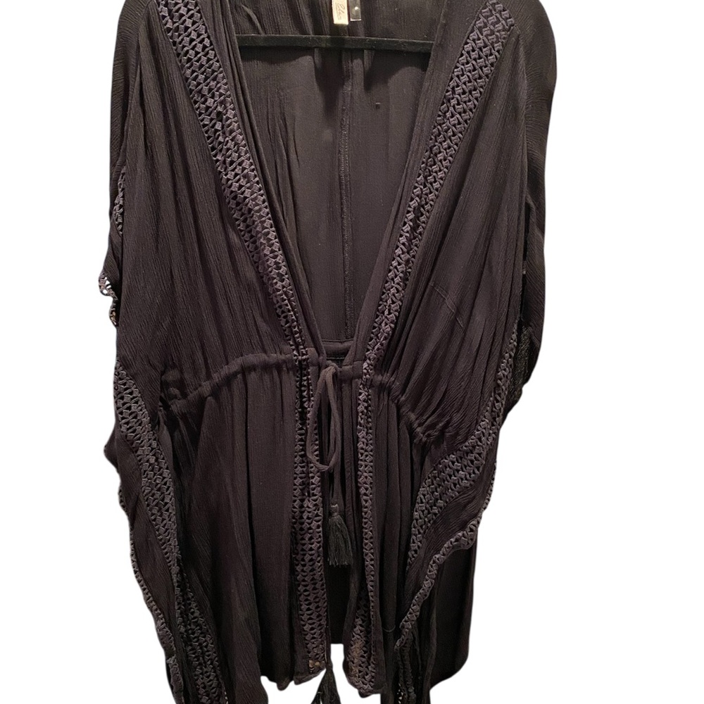Elan Black Crochet Trim Kimono Style Beach Cover up Size 1X